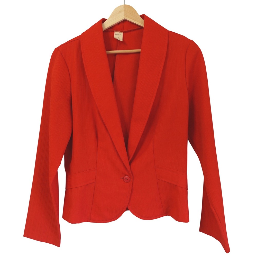 Vintage 60s Red‎ Textured Knit Blazer Shawl Collar Single Button Retro Jacket 14